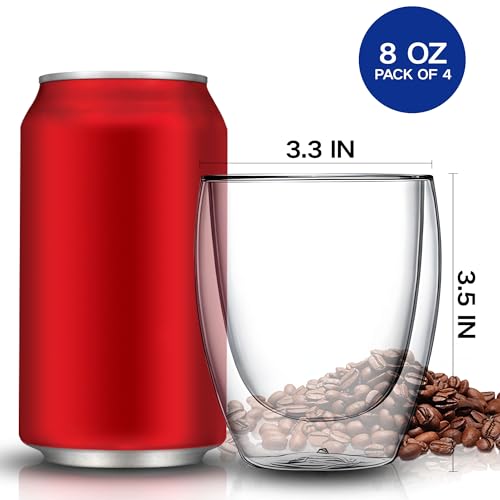 8oz Set of 4 Double Walled Borosilicate Glass Coffee Mugs - Insulated Hot Beverage Cups