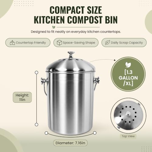 Epica Silver Kitchen Compost Bin 1.3 Gallons - Odor-Free Countertop Organizer