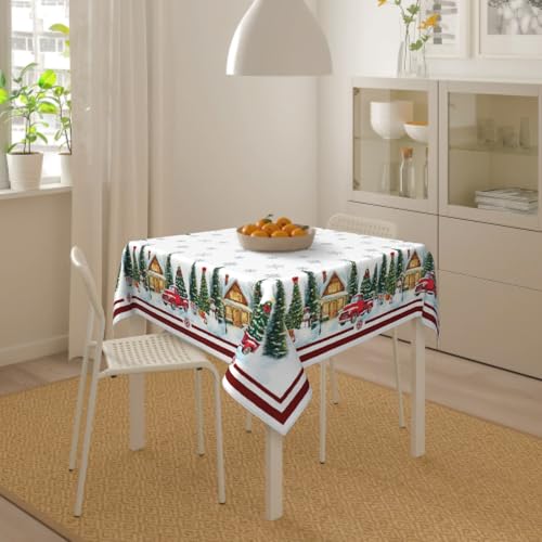 Barneova 54x54 Inch Water-Resistant Christmas Tablecloth with Cedar and Red Truck Design, Reusable Holiday Decor