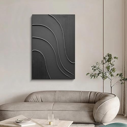 Hand-Painted Abstract Black and White Canvas Wall Art, 24x36 Inch