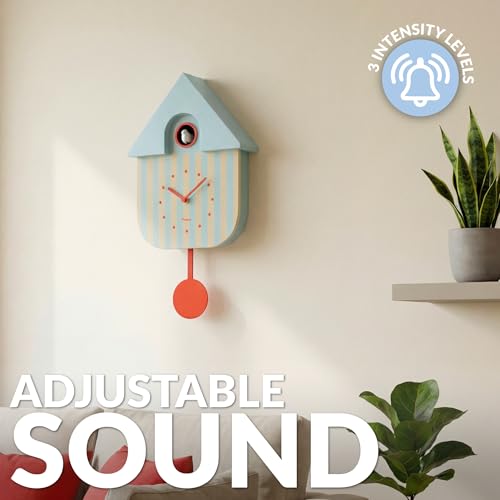 Modern Cuckoo Wall Clock with Pendulum - Blue and Beige Striped