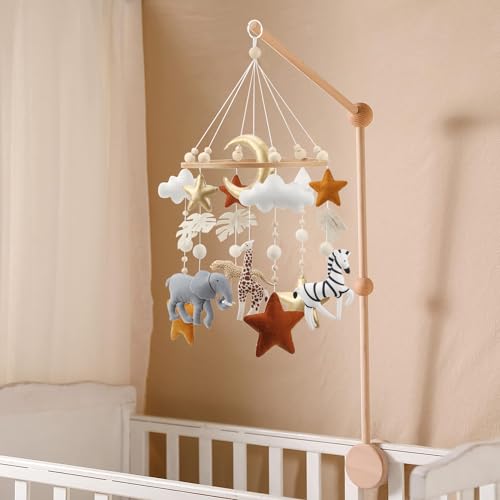 Safari Crib Mobile with Felt Gold Stars and Clouds - Gender Neutral Nursery