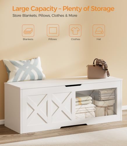 47.2" Farmhouse Wooden Storage Chest with Safety Hinge, White
