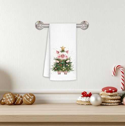 Christmas Pig Kitchen Towels with Christmas Tree Decor – Farm Animal Holiday Hand Towels