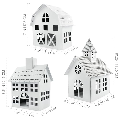 White Metal Farmhouse Christmas Village Set of 3 Candle Lantern Houses