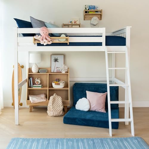 Twin High Loft Bed Frame, Solid Wood Kids Bed with Ladder, White