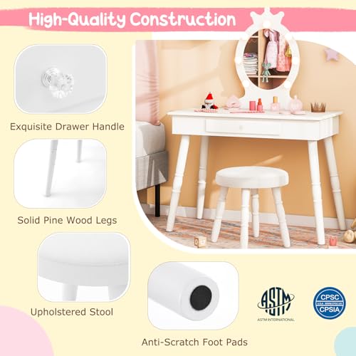 Kids Vanity Set with Lighted Mirror, Stool, and Drawer - Wooden Dressing Desk