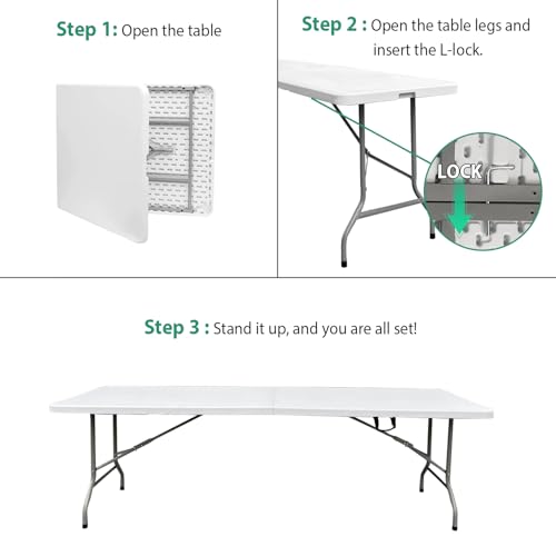 8ft Heavy Duty Folding Table, Portable Fold-in-Half Banquet & Picnic Table