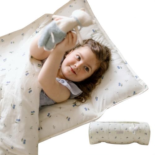 Organic Cotton Toddler Nap Mat with Removable Pillow and Attached Blanket