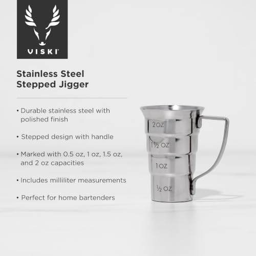 Viski Silver Stepped Jigger with Handle - 4 Measurement Markings, Stainless Steel Bar Tool
