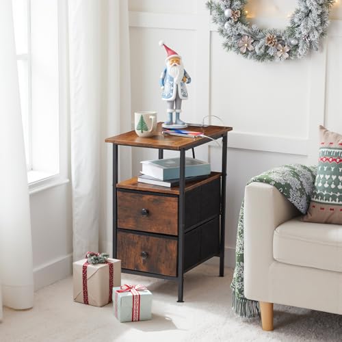 Industrial Narrow End Table with Charging Station and 2 Drawers