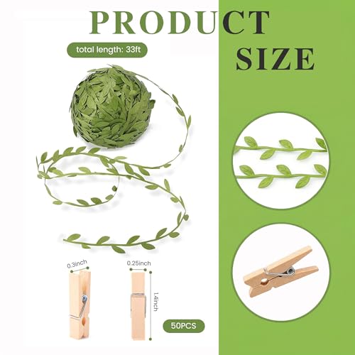 50 Mini Wooden Clothespins with 33ft Leaf Ribbon for Photo Hanging Display