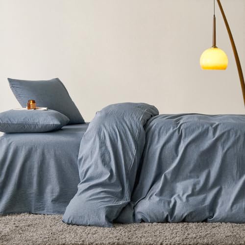 100% Washed Cotton Queen Duvet Cover Set - 3-Piece Bedding, Denim Blue