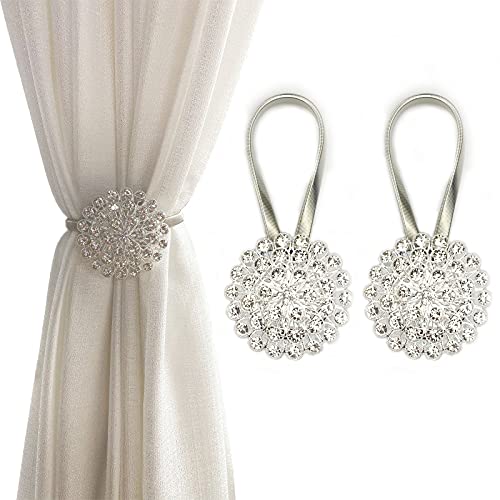 Magnetic Curtain Tiebacks with Sparkling Crystal Flower, 2 Pack