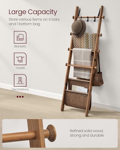 5-Tier Wooden Blanket Ladder with Hooks and Leather Storage Bag