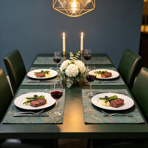 Green Pine Jacquard Placemats Set of 4 – Reversible 12x18 in, Gold Ripple Motif