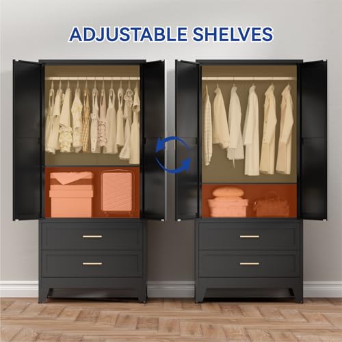 71-Inch Metal Wardrobe Closet with Drawers, Hanging Rod, and Adjustable Shelf