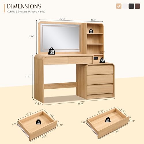 50" Modern Makeup Vanity Desk with LED Mirror, 5 Drawers & Charging Station