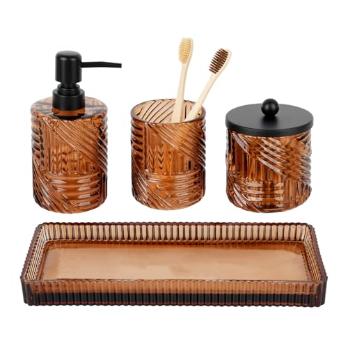 4-Piece Amber Glass Bathroom Accessory Set with Vanity Tray and Soap Dispenser