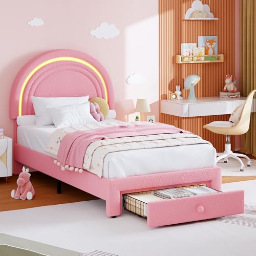 Twin Upholstered LED Rainbow Bed Frame with Storage Drawer, Pink