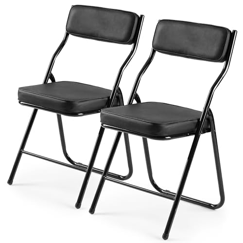 2 Pack Black Padded Folding Chairs, Heavy-Duty Metal Foldable Dining Chairs