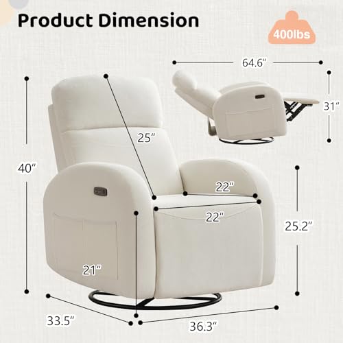 Power Nursery Glider Recliner, Swivel Rocking Chair with USB & Type-C
