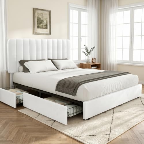 Full Size Velvet Upholstered Platform Bed Frame with 4 Storage Drawers, White