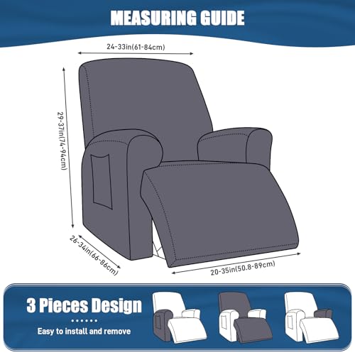 Stretch Recliner Chair Cover - 3-Piece Soft Polyester Protector, Dark Gray