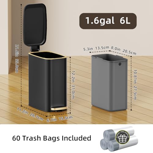 Slim Stainless Steel Step Trash Can with Soft-Close Lid - 1.6 Gal, Black