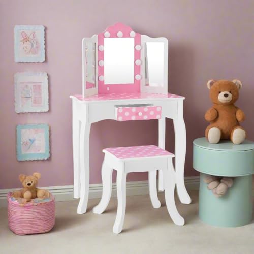 Polka Dot Kids Vanity Set with LED Mirror, Stool and Drawer - Pink