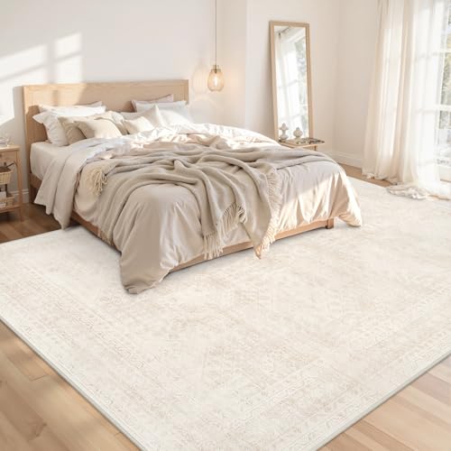 8x10 Machine Washable Area Rug - Neutral Beige Vintage Boho Non-Slip Carpet