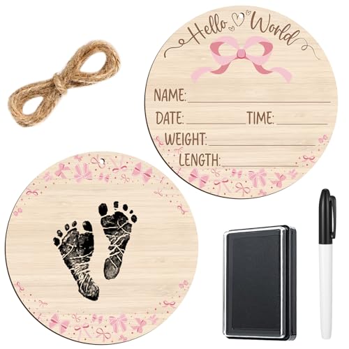 Wooden Baby Birth Announcement Sign with Ink Pad and Marker - Newborn Keepsake