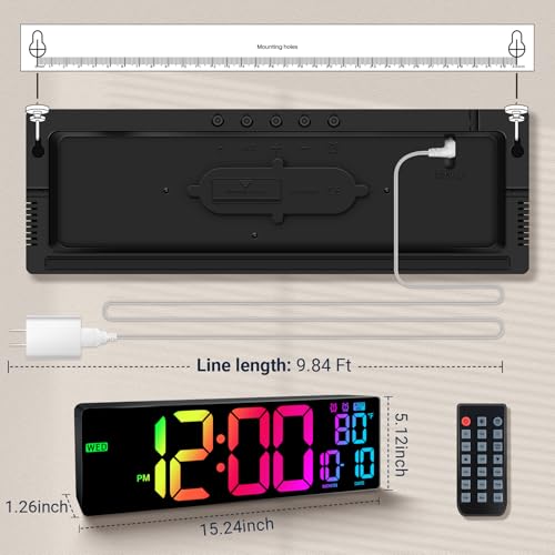16.5" Large Digital Wall Clock with RGB LED Display & Remote Control