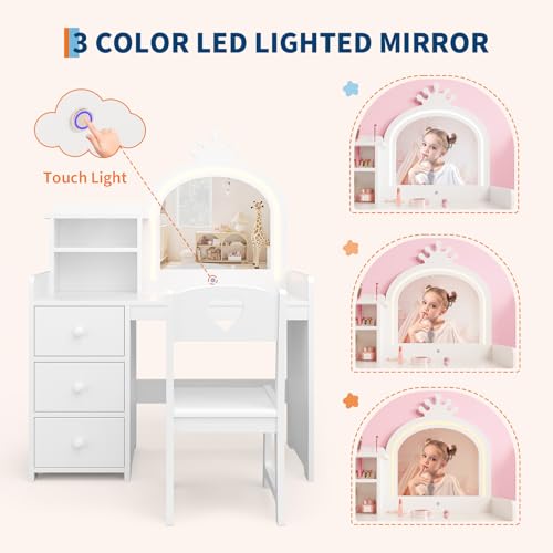 Kids Vanity Set with Crown Mirror, 3-Color LED Lights, and Chair