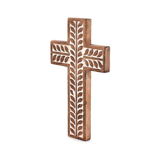 Handcrafted Mango Wood Catholic Wall Cross with Floral Carvings, 10-inch