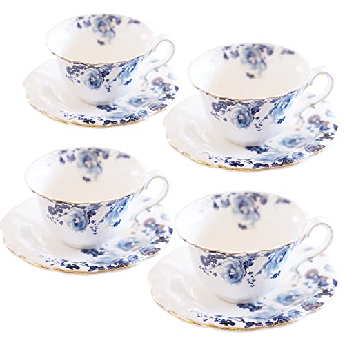Jomop Blue and White Ceramic Tea Cups & Saucers Set of 4 - Porcelain Coffee & Tea Service