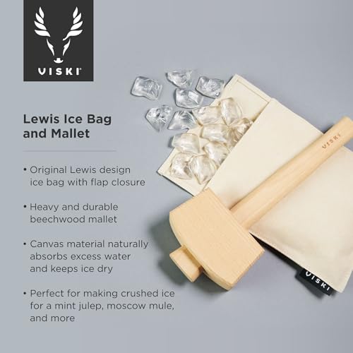 Viski Professional Lewis Ice Bag and Mallet - Manual Ice Crusher for Home Bartending, 12"