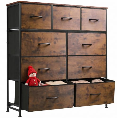 Tall Dresser with 9 Fabric Drawers and Wood Top