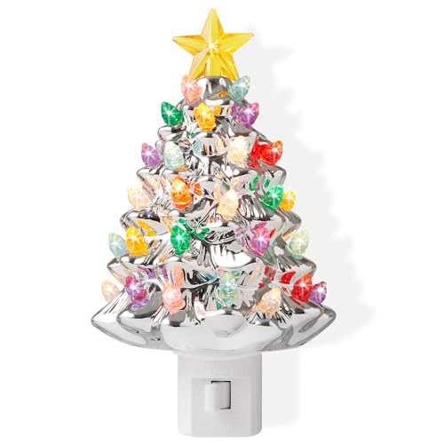 Casafield 6-Inch Silver Ceramic Christmas Tree Night Light with 28 Bulbs & Star Topper