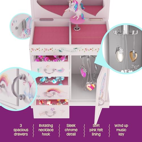 Unicorn Musical Jewelry Box with Spinning Figure and Storage Drawers