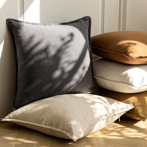 Boho Linen Throw Pillow Covers 20x20 Set of 2 - Neutral Beige Cushion Cases