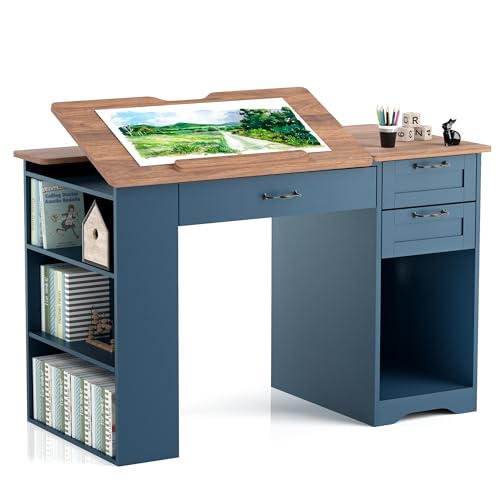 Adjustable Drafting Table with Storage Drawers and Shelves - Blue Art Desk