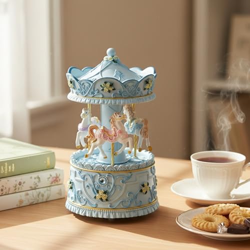 Rotating Carousel Music Box with Light, Vintage Wind-Up Merry-Go-Round