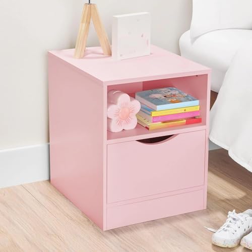 2-Tier Pink Nightstand with Drawers and Open Storage Shelf