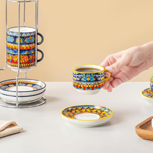 Vancasso Boho 2.5 Oz Espresso Cups Set of 4 with Stand - Colorful Mediterranean Design
