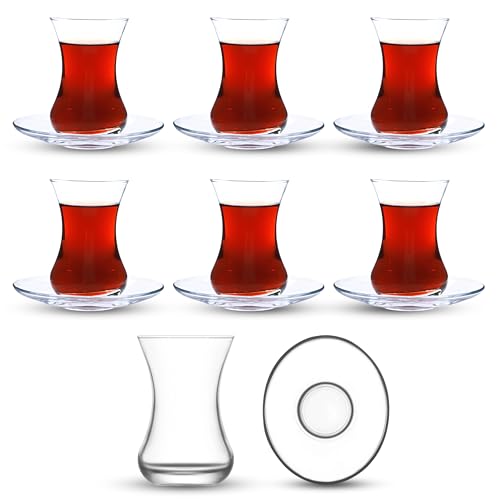 Pack of 6 Turkish Tea Glasses with Saucers - Authentic Small Tulip Shape Cups