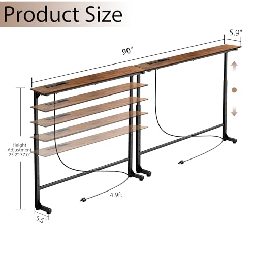 90-Inch Adjustable Height Sofa Table with Charging Station, Rustic Brown