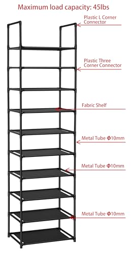 10-Tier Shoe Rack Organizer - Tall 20-Pair Space Saving Shelf, Black