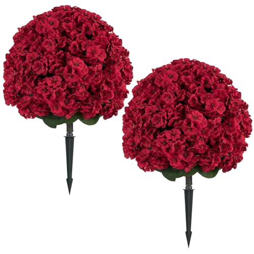 Set of 2 Artificial Red Geraniums with Ground Stakes, 29-Inch Outdoor Faux Plants