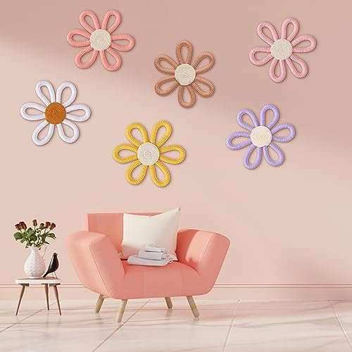 6-Piece Boho Daisy Wall Art Set - Woven Macrame Floral Nursery Decor